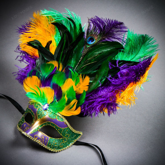 Venetian Glitter Crystal Mardi Gras Mask with Peacock Large Feather Green Yellow - Picture 6 of 9